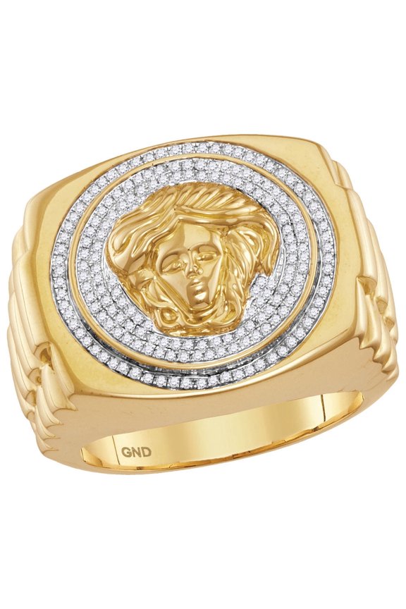 10kt Yellow Gold Mens Round Diamond Gorgon Medusa Ribbed Cluster Ring 1/2 Cttw