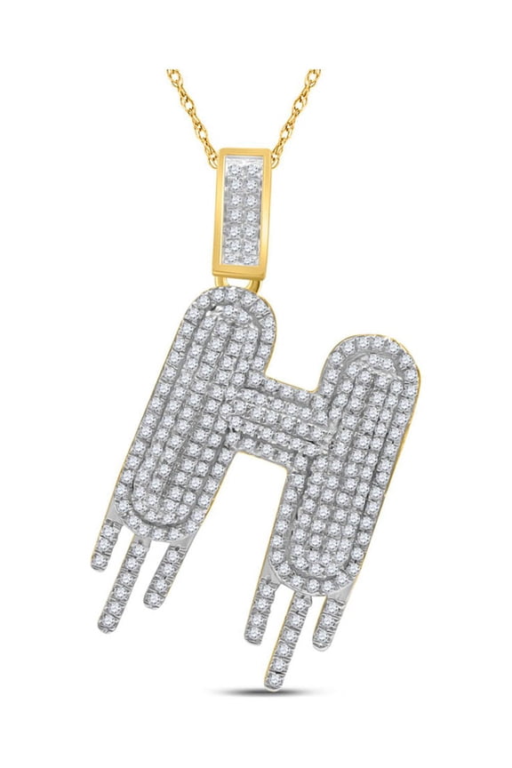 10kt Yellow Gold Mens Round Diamond H Drip Letter Charm Pendant 3/4 Cttw