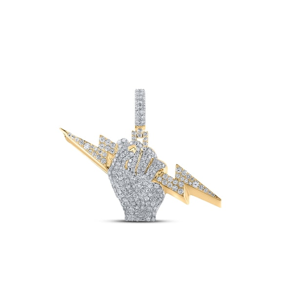 10kt Yellow Gold Mens Round Diamond Lightning Bolt Fist Charm Pendant 2-3/8 Cttw