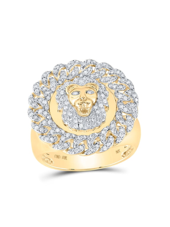 10kt Yellow Gold Mens Round Diamond Lion Cuban Link Circle Ring 7/8 Cttw