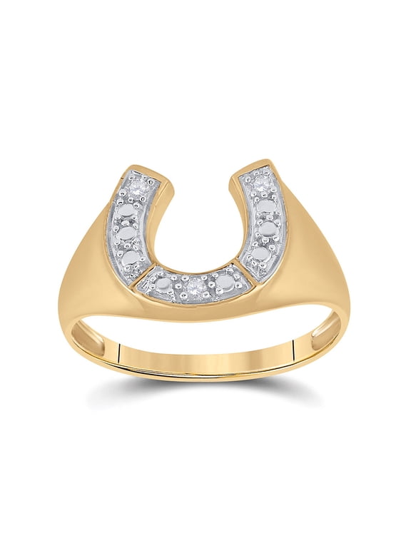 10kt Yellow Gold Mens Round Diamond Lucky Horseshoe Ring 1/20 Cttw