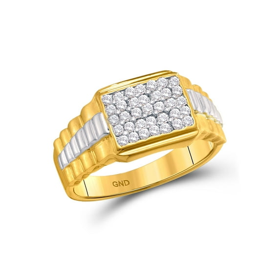 10kt Yellow Gold Mens Round Diamond Rectangle Cluster Ribbed Two-tone Ring 1/2 Cttw