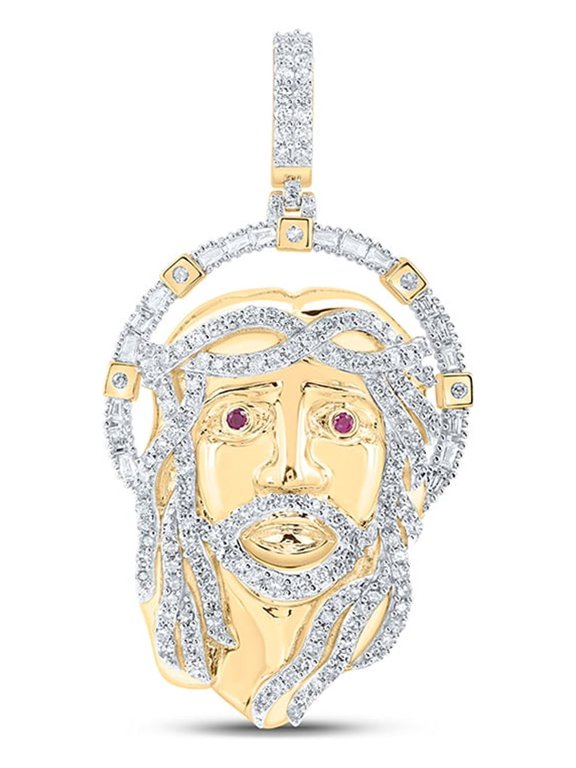 10kt Yellow Gold Mens Round Diamond Ruby Jesus Face Charm Pendant 1-3/4 Cttw