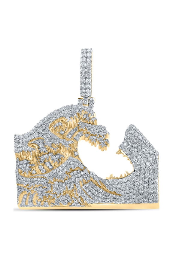 10kt Yellow Gold Mens Round Diamond Shark Wave Charm Pendant 3-1/3 Cttw