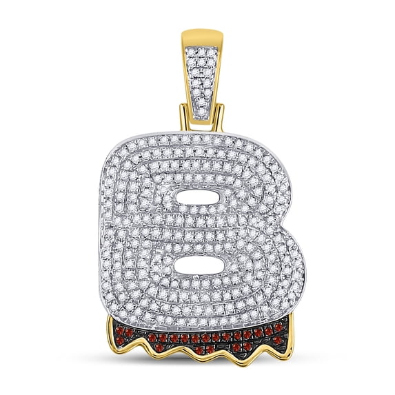 10kt Yellow Gold Mens Round Red Color Enhanced Diamond "B" Letter Charm Pendant 3/4 Cttw