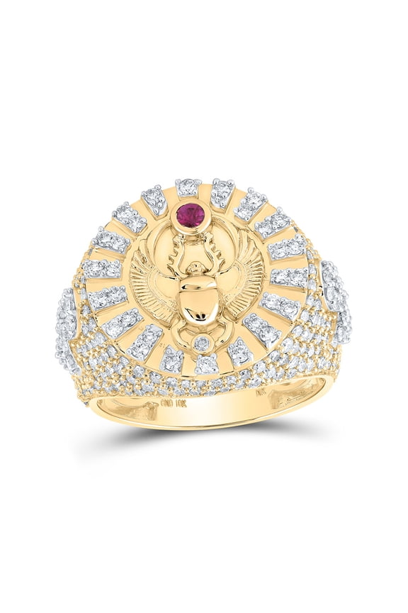 10kt Yellow Gold Mens Round Ruby Diamond Scarab Circle Ring 2-5/8 Cttw