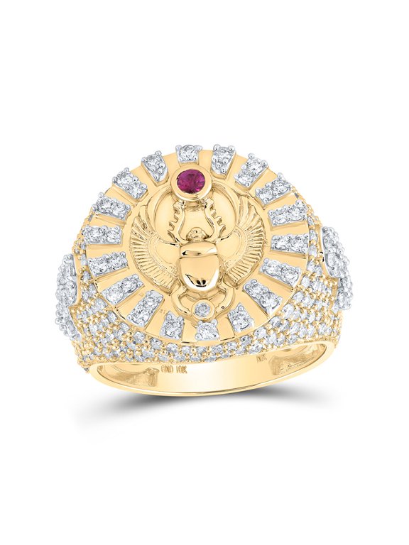 10kt Yellow Gold Mens Round Ruby Diamond Scarab Circle Ring 2-5/8 Cttw