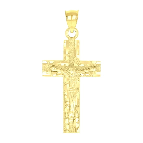 10k Yellow Gold Mens Textured Nugget Crucifix Cross Religious Charm Pendant Pendant Necklace for Men