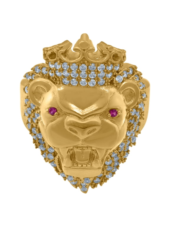 10kt Yellow Gold Mens White Pink Cubic Zirconia Crowned Lion Head Ring, Mens Size: 10