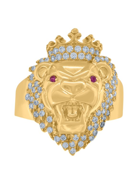 10kt Yellow Gold Mens White Pink Cubic Zirconia Crowned Lion Head Ring, Mens Size: 10
