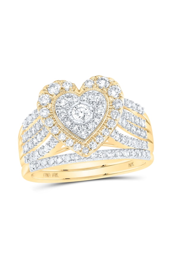 10kt Yellow Gold Round Diamond Heart Bridal Wedding Ring Band Set 1 Cttw