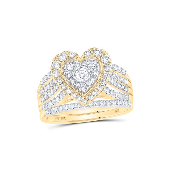 10kt Yellow Gold Round Diamond Heart Bridal Wedding Ring Band Set 1 Cttw