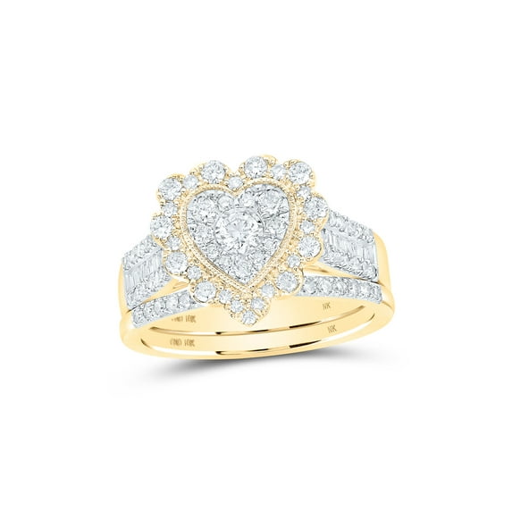 10kt Yellow Gold Round Diamond Heart Bridal Wedding Ring Band Set 7/8 Cttw