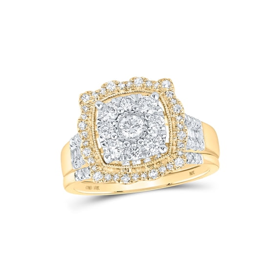 10kt Yellow Gold Round Diamond Square Bridal Wedding Ring Band Set 1 Cttw