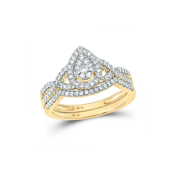 10kt Yellow Gold Round Diamond Teardrop Bridal Wedding Ring Band Set 1/2 Cttw