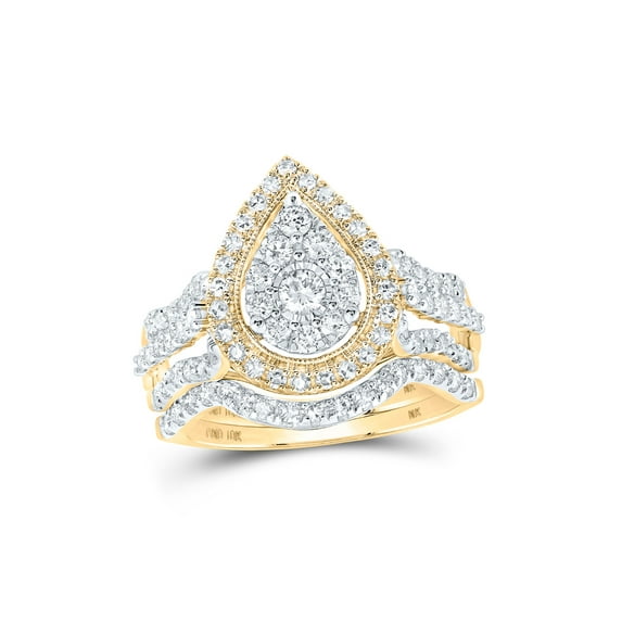 10kt Yellow Gold Round Diamond Teardrop Bridal Wedding Ring Band Set 1 Cttw