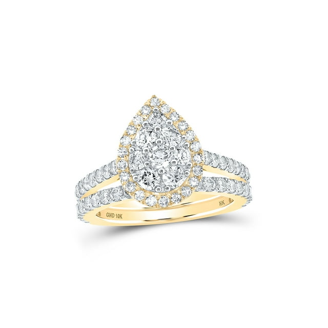 10kt Yellow Gold Round Diamond Teardrop Bridal Wedding Ring Band Set 1 Cttw