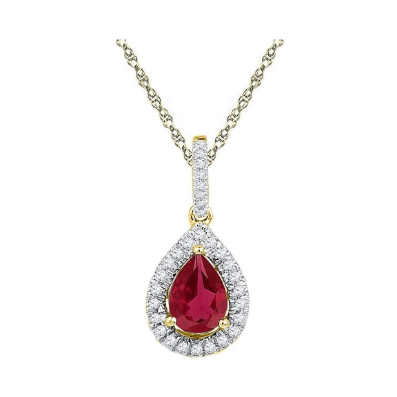10kt Yellow Gold Teardrop Lab-Created Ravishing Ruby Sparkling Solitaire Diamond Necklace Pendant 1-7/8 Ctw.