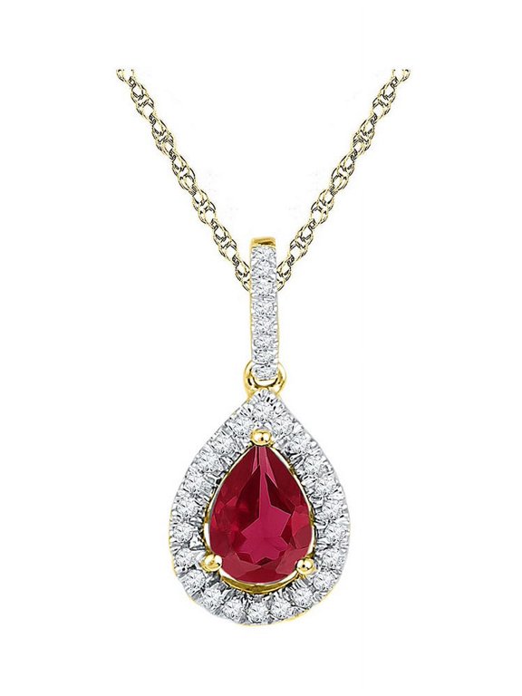 10kt Yellow Gold Teardrop Lab-Created Ravishing Ruby Sparkling Solitaire Diamond Necklace Pendant 1-7/8 Ctw.