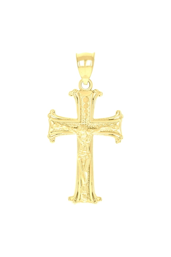10k Yellow Gold Textured Unisex Cross Crucifix Religious Charm Pendant Pendant Necklace for Men Women