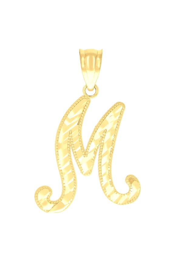 10k Yellow Gold Unisex Initial M Script Alphabet Charm Pendant for Men Women