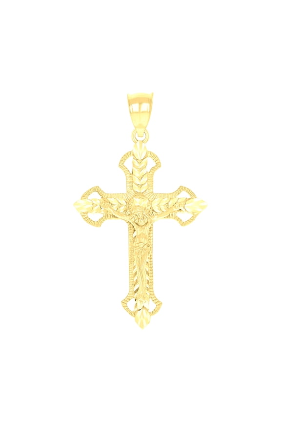 10k Yellow Gold Unisex Textured Crucifix Cross Religious Charm Pendant Pendant Necklace for Men Women
