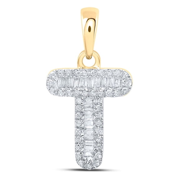 10kt Yellow Gold Womens Baguette Diamond T Initial Letter Pendant 1/4 Cttw