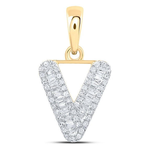 10kt Yellow Gold Womens Baguette Diamond V Initial Letter Pendant 1/4 Cttw