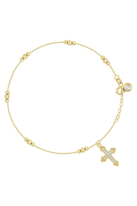 10kt Yellow Gold Womens Cubic-Zirconia Cross Beaded Religious Charm 8" Bracelet