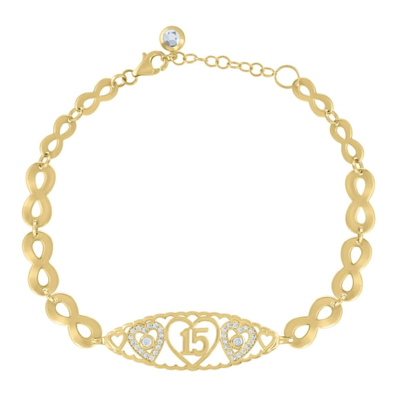 10kt Yellow Gold Womens Cubic-Zirconia Heart Quinceanera 15 Charm Bracelet Size 8 Inches