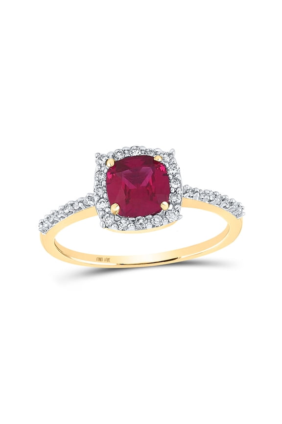 10kt Yellow Gold Womens Cushion Lab-Created Ruby Diamond Solitaire Ring 1-1/2 Cttw