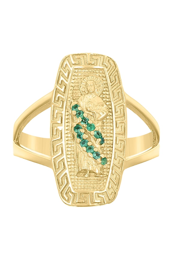 10kt Yellow Gold Womens Green Cubic-Zirconia St. Jude Religious Greek Key Patterned Bridal Anniversary Engagement Wedding Ring, Womens Size: 7