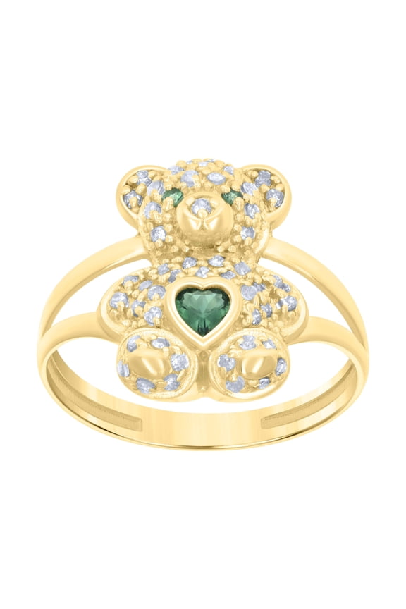 10kt Yellow Gold Womens Green White Heart Round Cubic-Zirconia May Birthstone Teddy Bear Ring