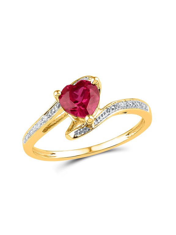 10kt Yellow Gold Womens Heart Synthetic Ruby Solitaire Diamond-accent Bypass Ring 1 Cttw