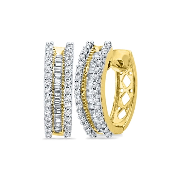 10kt Yellow Gold Womens Round Baguette Diamond Hoop Earrings 1/2 Cttw