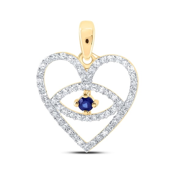 10kt Yellow Gold Womens Round Blue Sapphire Diamond Eye Heart Pendant 1/3 Cttw