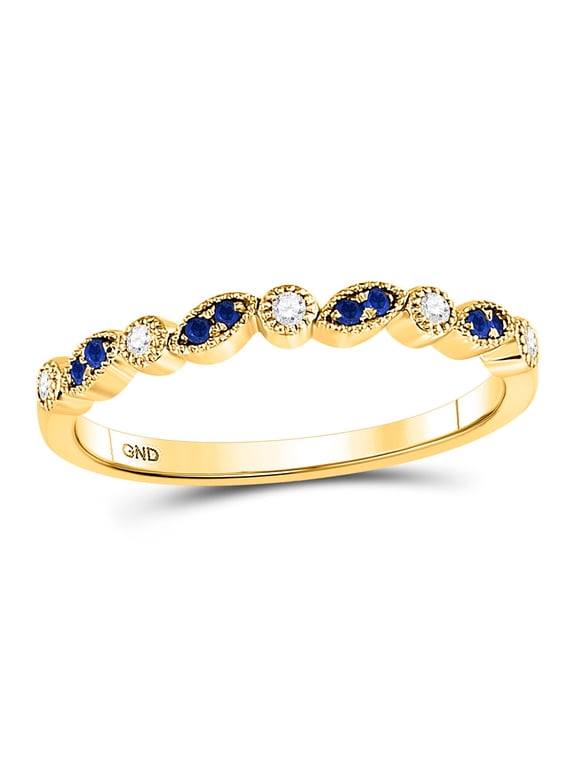 10kt Yellow Gold Womens Round Blue Sapphire Diamond Stackable Band Ring 1/10 Cttw