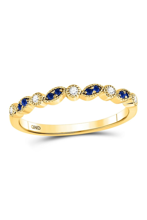 10kt Yellow Gold Womens Round Blue Sapphire Diamond Stackable Band Ring 1/10 Cttw