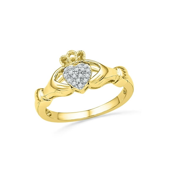 10kt Yellow Gold Womens Round Diamond Claddagh Hands & Heart Cluster Ring 1/20 Cttw