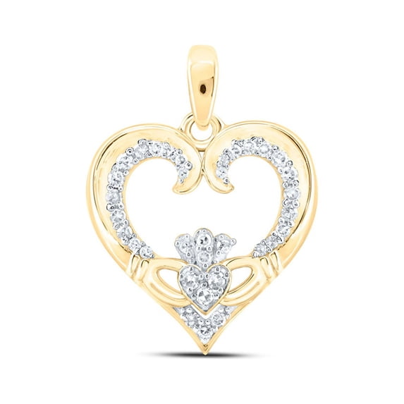 10kt Yellow Gold Womens Round Diamond Claddagh Heart Pendant 1/6 Cttw