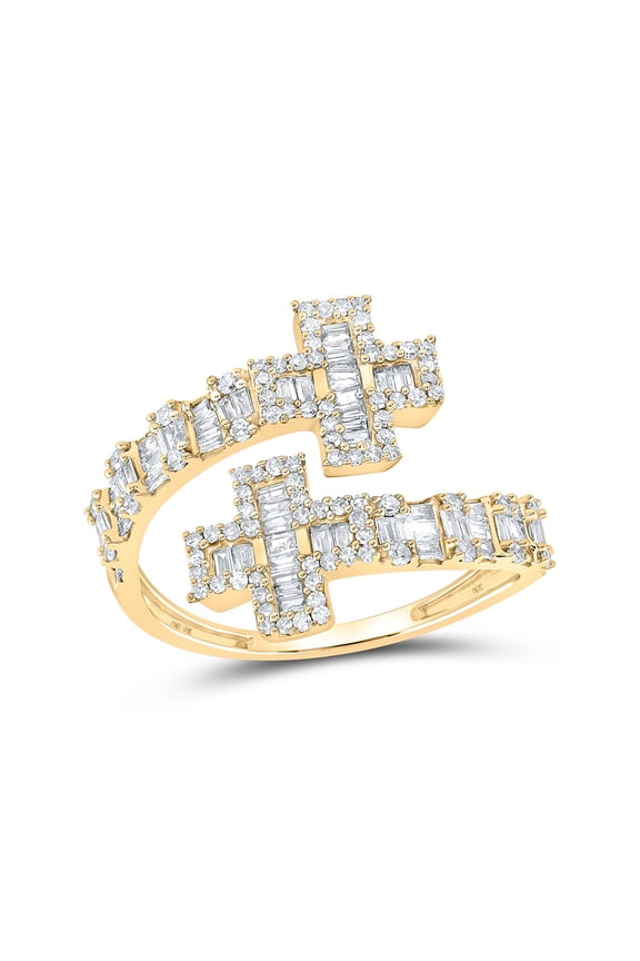 10kt Yellow Gold Womens Round Diamond Cross Cuff Band Ring 3/4 Cttw