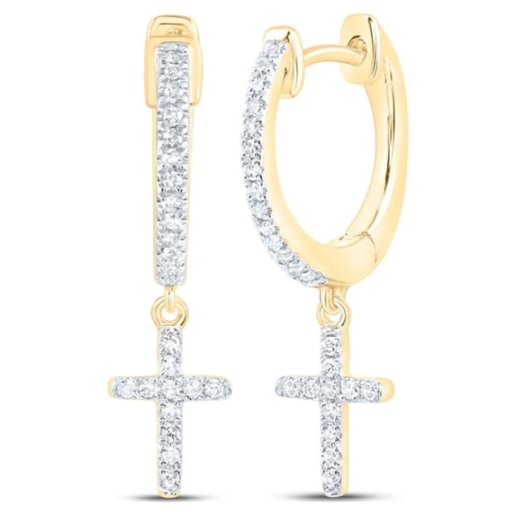 10kt Yellow Gold Womens Round Diamond Cross Dangle Earrings 1/6 Cttw
