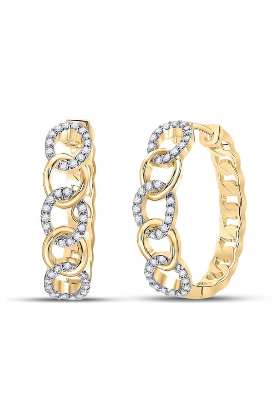 10kt Yellow Gold Womens Round Diamond Cuban Curb Link Hoop Earrings 1/5 Cttw