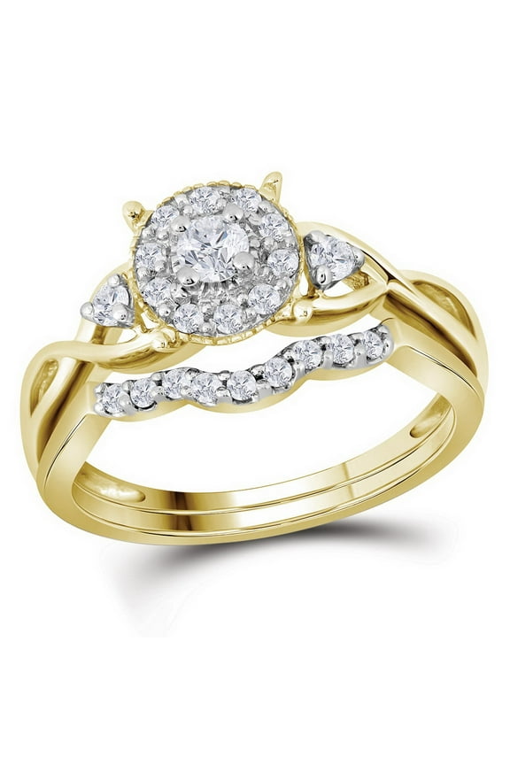 10kt Yellow Gold Womens Round Diamond Halo Twist Bridal Wedding Engagement Ring Band Set 1/3 Cttw