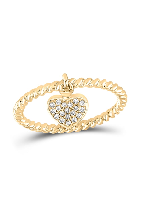 10kt Yellow Gold Womens Round Diamond Heart Dangle Rope Stackable Band Ring 1/10 Cttw