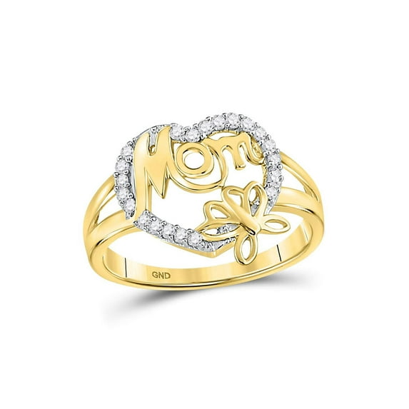 10kt Yellow Gold Womens Round Diamond Mom Heart Butterfly Ring 1/6 Cttw