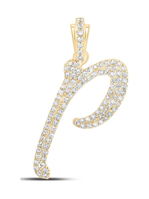 10kt Yellow Gold Womens Round Diamond P Cursive Initial Letter Pendant 3/8 Cttw