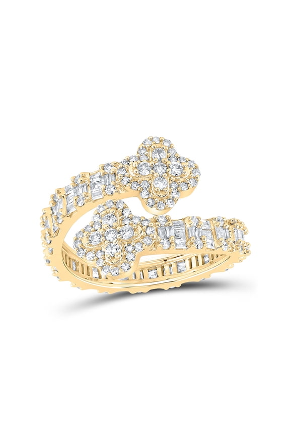 10kt Yellow Gold Womens Round Diamond Quatrefoil Cuff Band Ring 1 Cttw