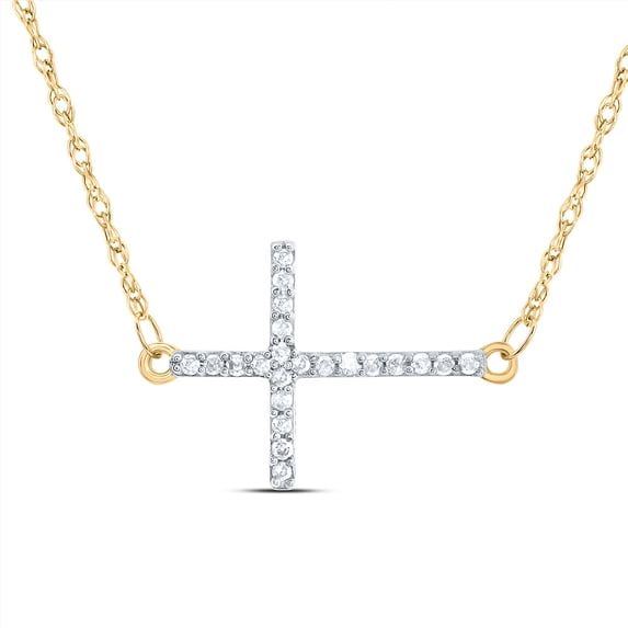 10kt Yellow Gold Womens Round Diamond Sideways Horizontal Cross Pendant Necklace 1/20 Cttw