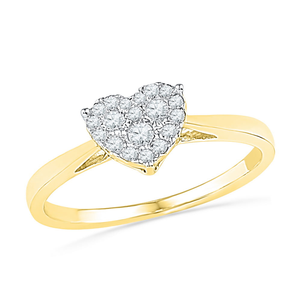 10kt Yellow Gold Womens Round Diamond Simple Heart Cluster Ring 1/6 ...